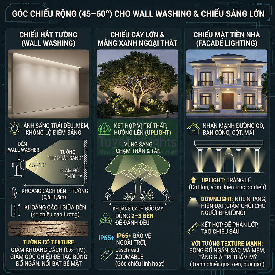 Hướng dẫn chiếu sáng kiến trúc với đèn LED góc chiếu rộng 45 60 độ cho tường, cây lớn và mặt tiền nhà