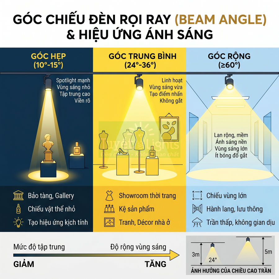 So sánh góc chiếu đèn rọi ray hẹp trung bình rộng và ứng dụng chiếu sáng cho gallery showroom hành lang