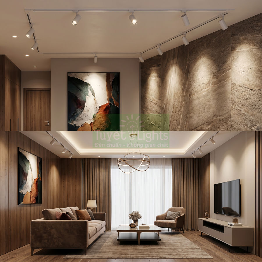 Đèn rọi ray Tuyết Lights chiếu sáng phòng khách hiện đại với sofa, tranh treo tường và tivi màn hình phẳng