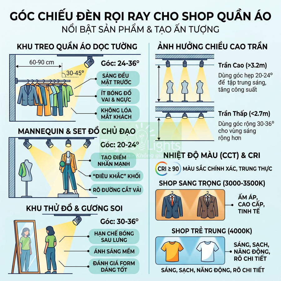 Hướng dẫn góc chiếu đèn rọi ray cho shop quần áo, tối ưu ánh sáng trưng bày kệ treo, mannequin và gương soi