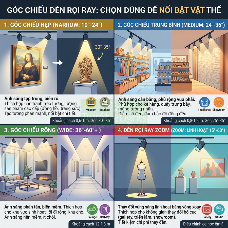 Minh họa các loại góc chiếu đèn rọi ray narrow medium wide và zoom cho tranh tượng cửa hàng và không gian nội thất