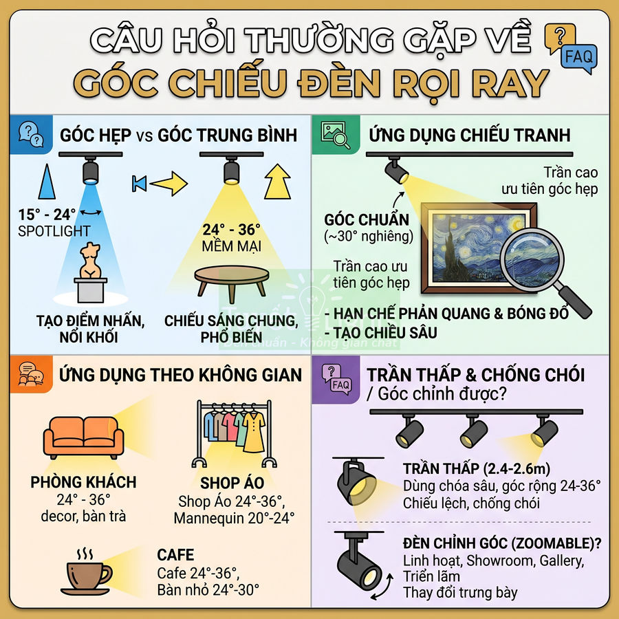 Infographic hướng dẫn chọn góc chiếu đèn rọi ray cho phòng khách, shop áo, quán cafe và chiếu tranh tường