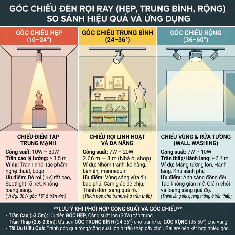 So sánh góc chiếu đèn rọi ray hẹp trung bình rộng và ứng dụng chiếu điểm chiếu linh hoạt chiếu vùng