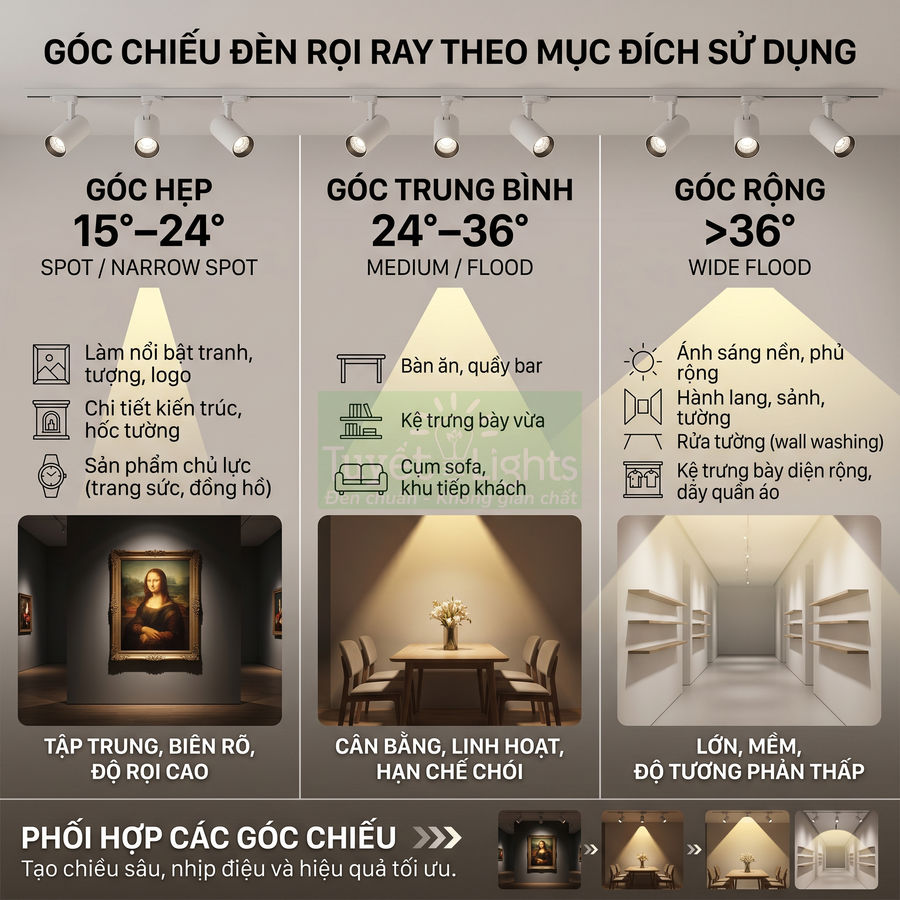Hướng dẫn chọn góc chiếu đèn rọi ray hẹp trung bình rộng cho tranh tường bàn ăn hành lang và kệ trưng bày