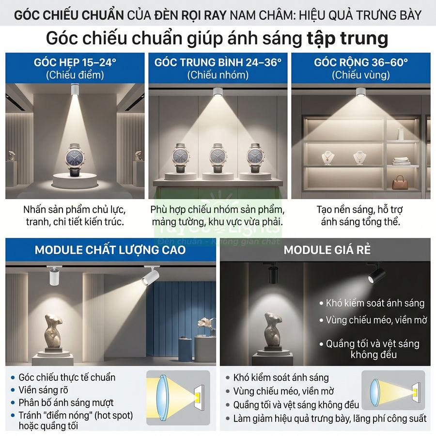 Minh họa so sánh góc chiếu và chất lượng module đèn rọi ray nam châm trong trưng bày sản phẩm
