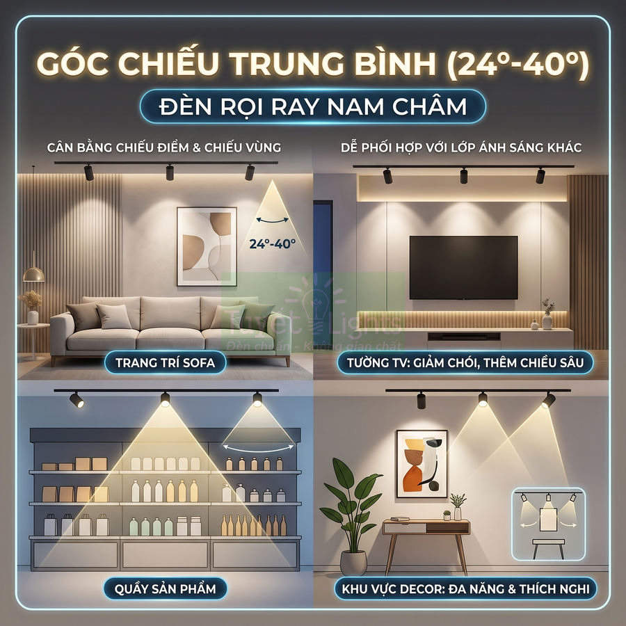 Đèn rọi ray nam châm góc chiếu trung bình 24 40 độ chiếu sáng sofa tường TV quầy sản phẩm và khu vực decor