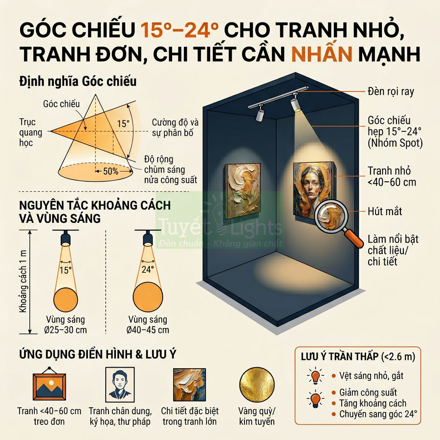 Infographic hướng dẫn chọn góc chiếu đèn rọi ray 15–24 độ để làm nổi bật tranh nhỏ và chi tiết trang trí