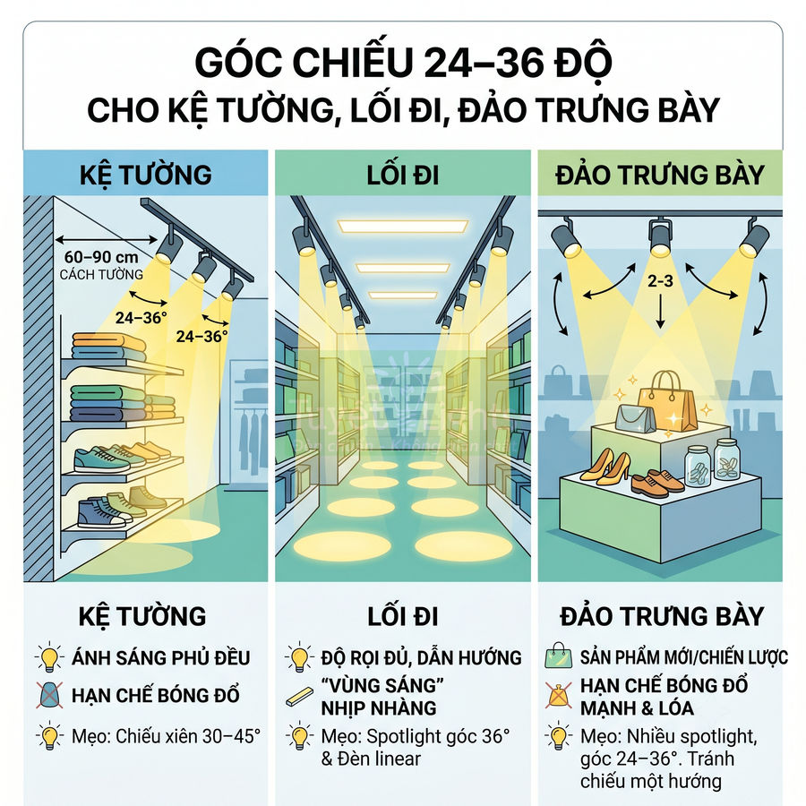 Minh họa cách bố trí đèn spotlight góc chiếu 24 36 độ cho kệ tường, lối đi và đảo trưng bày sản phẩm thời trang