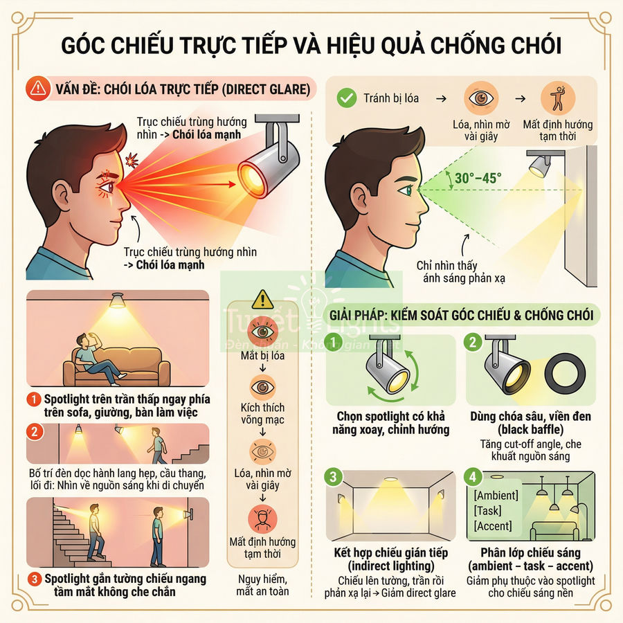 Hướng dẫn chọn và lắp đặt đèn spotlight chống chói với góc chiếu phù hợp trong phòng khách và cầu thang