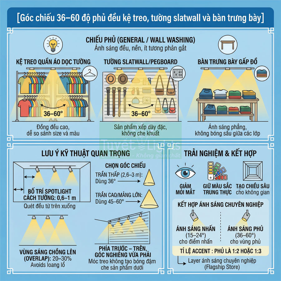Hướng dẫn bố trí đèn spotlight chiếu góc 36 60 độ cho kệ treo quần áo, tường slatwall và bàn trưng bày sản phẩm