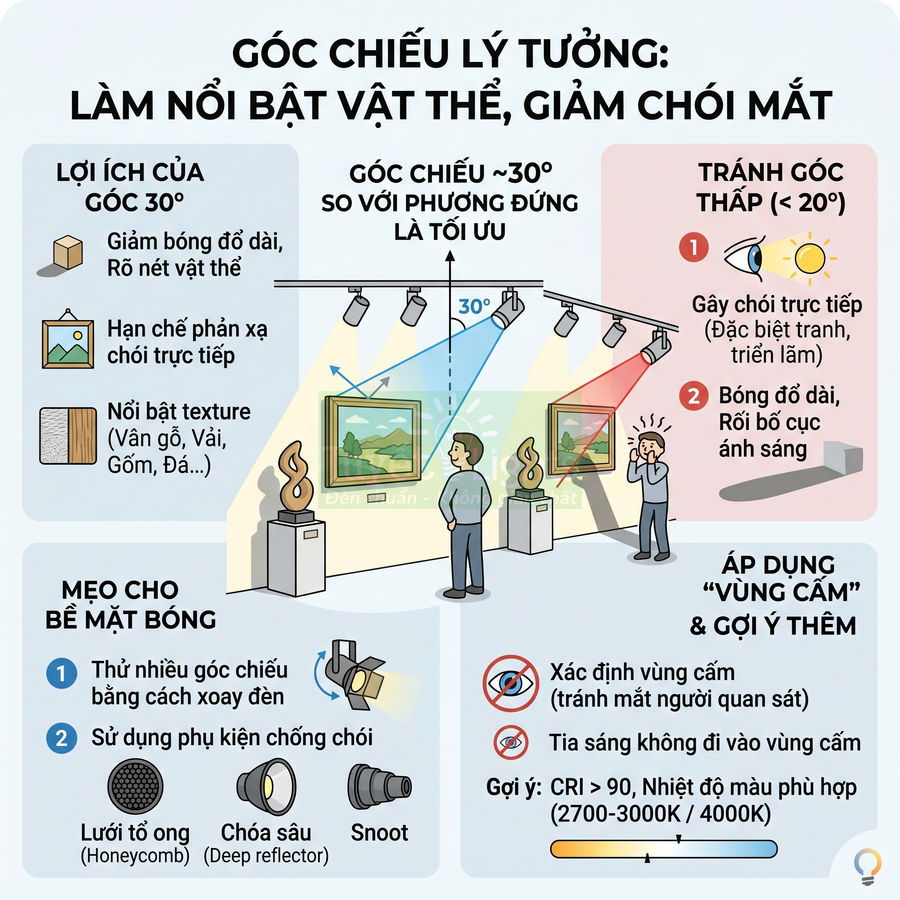 Hướng dẫn chọn góc chiếu đèn 30 độ để làm nổi bật tranh và vật trưng bày, giảm chói mắt và bóng đổ