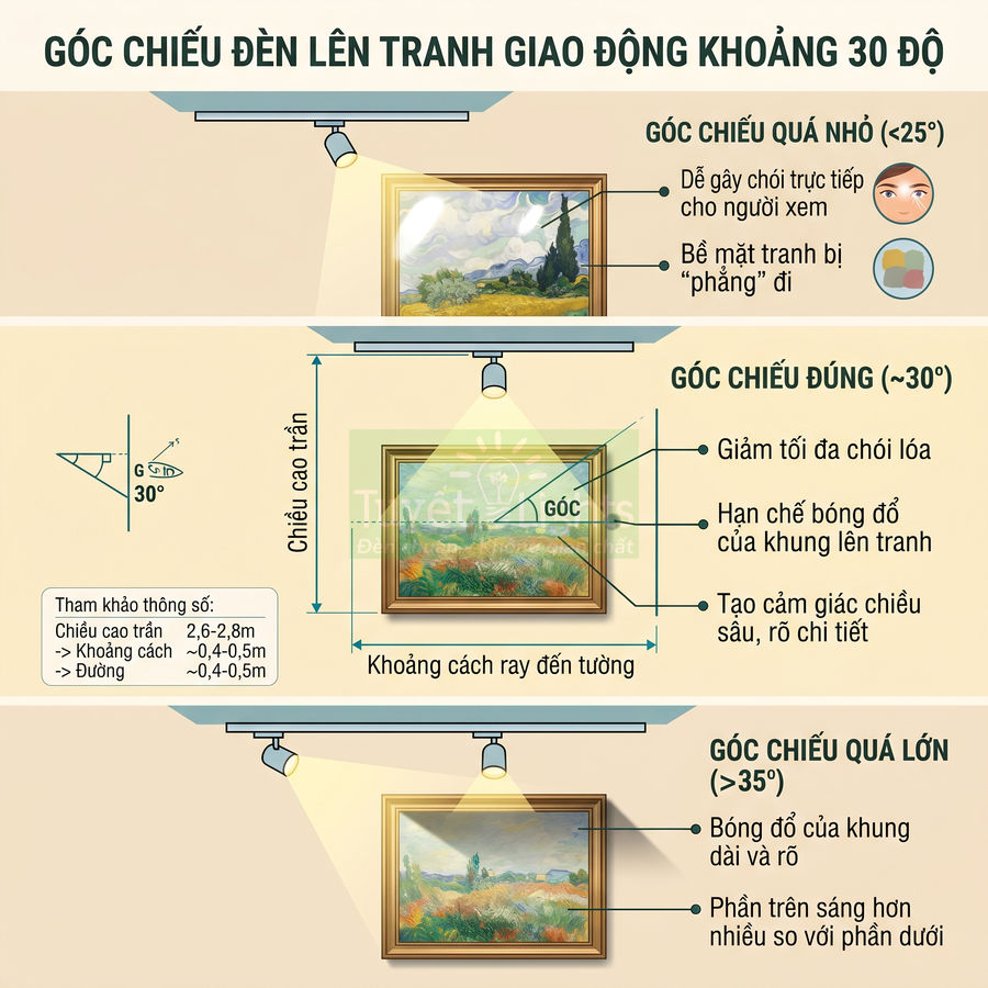 Minh họa cách bố trí đèn rọi tranh treo tường với các góc chiếu khác nhau để giảm chói và làm nổi bật bức tranh