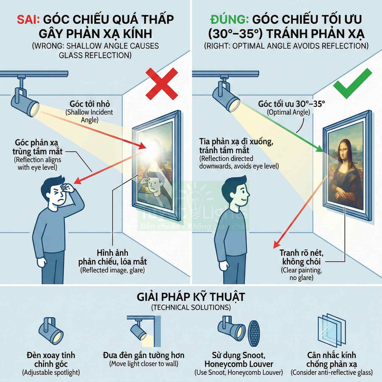 Hướng dẫn chọn góc chiếu đèn rọi tranh treo tường để tránh phản xạ chói trên mặt kính