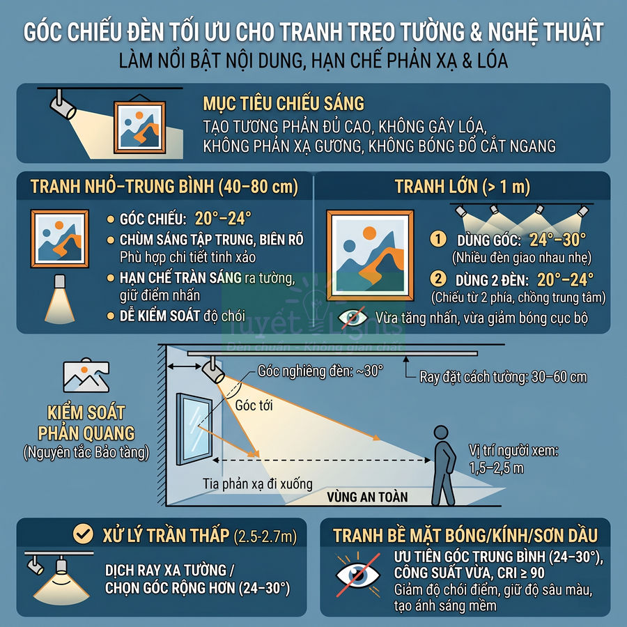 Hướng dẫn góc chiếu đèn tối ưu cho tranh treo tường và nghệ thuật, minh họa cách bố trí đèn chi tiết