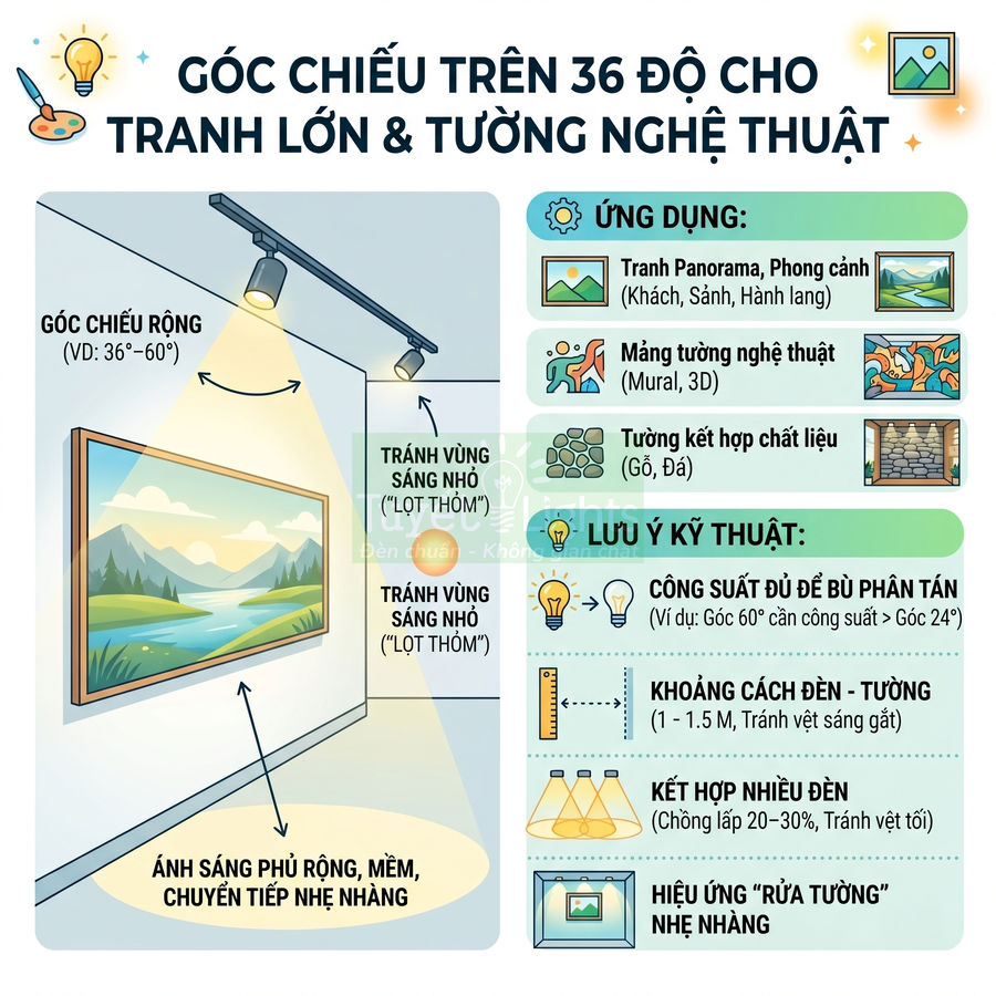 Hướng dẫn chọn góc chiếu đèn rọi ray trên 36 độ để chiếu sáng tranh lớn và tường nghệ thuật mềm mại, không loang lổ