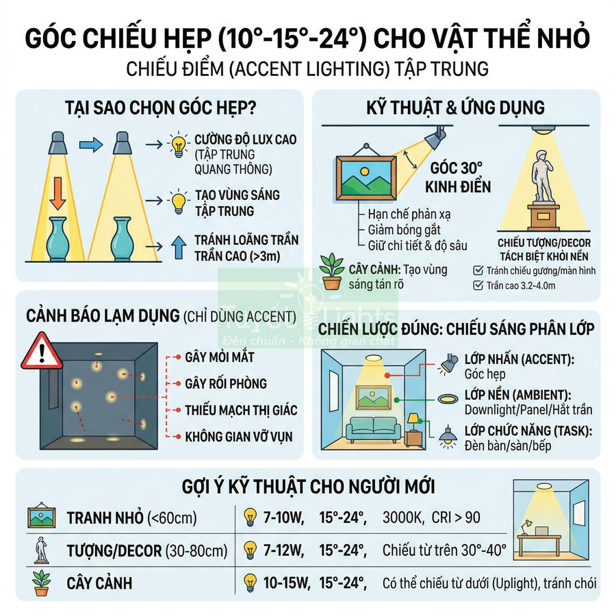 Infographic hướng dẫn chọn góc chiếu hẹp 10 15 24 độ cho đèn chiếu điểm trang trí tranh tượng cây cảnh