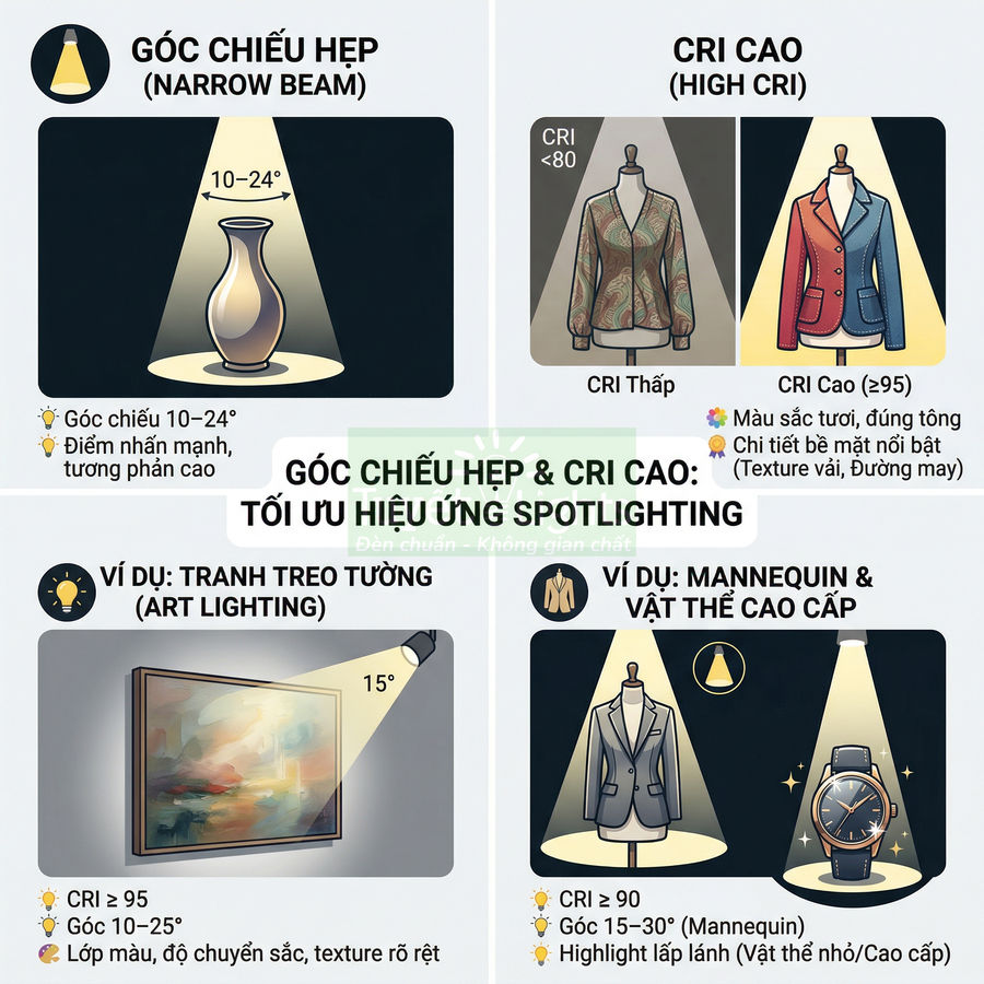 Infographic đèn spotlight góc chiếu hẹp và CRI cao chiếu sáng bình gốm, tranh treo tường, mannequin áo vest và đồng hồ cao cấp