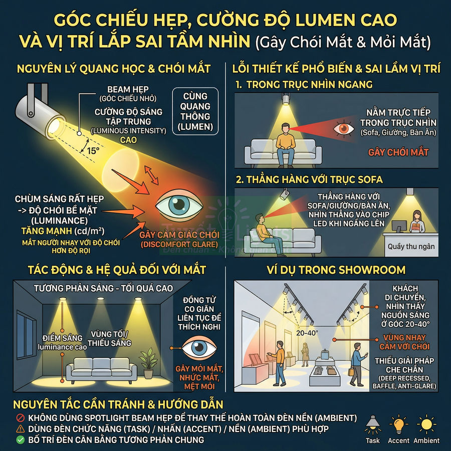 Infographic hướng dẫn lắp đặt đèn spotlight góc chiếu hẹp, cường độ lumen cao để tránh chói mắt và mỏi mắt