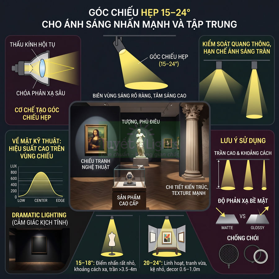 Đèn rọi góc chiếu hẹp 15 24 độ chiếu tranh nghệ thuật và sản phẩm trưng bày trong không gian triển lãm