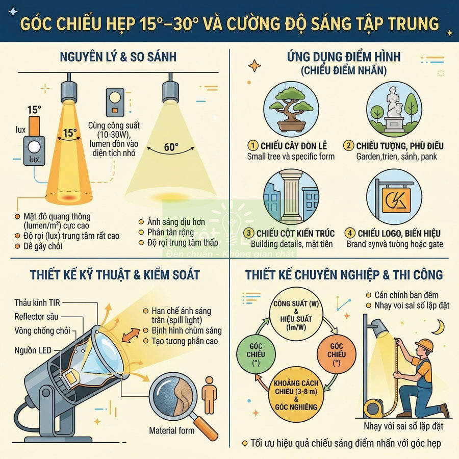 Infographic hướng dẫn chọn góc chiếu hẹp 15–30 độ và cường độ sáng tập trung cho đèn LED chiếu điểm