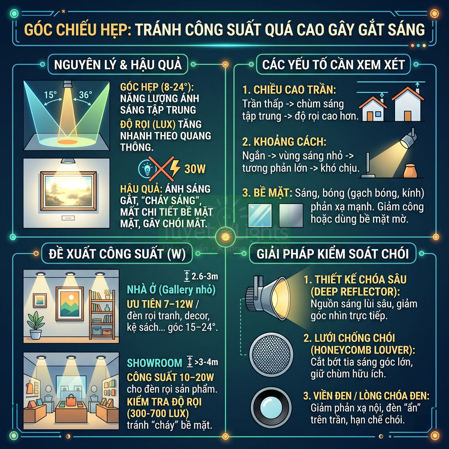 Infographic hướng dẫn chọn góc chiếu hẹp và công suất đèn rọi tranh, showroom để tránh chói lóa và cháy sáng