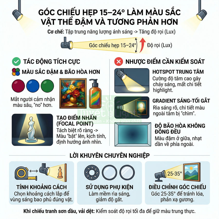 Infographic hướng dẫn dùng đèn chiếu góc hẹp 15–24 độ để tăng độ đậm màu, tạo điểm nhấn và kiểm soát ánh sáng