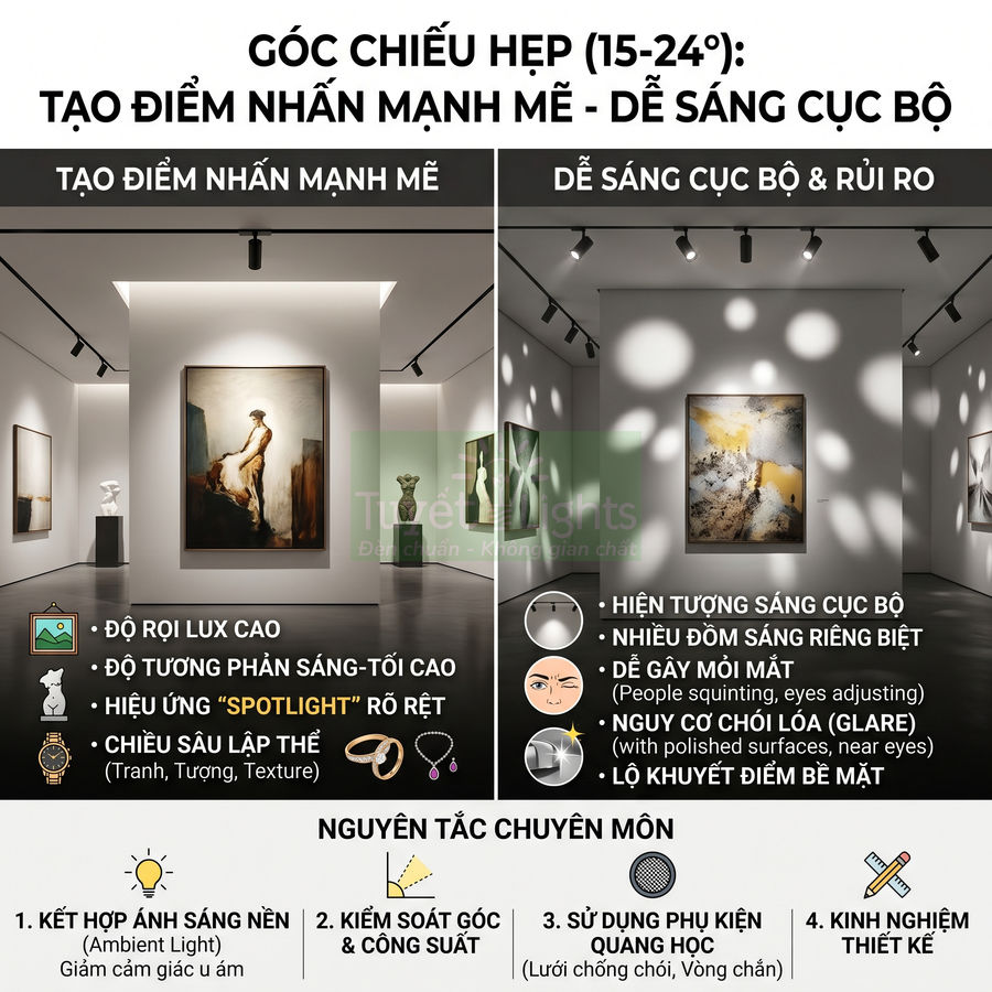 Đèn rọi góc chiếu hẹp chiếu tranh và tượng trong phòng trưng bày nghệ thuật, tạo điểm nhấn sáng mạnh mẽ