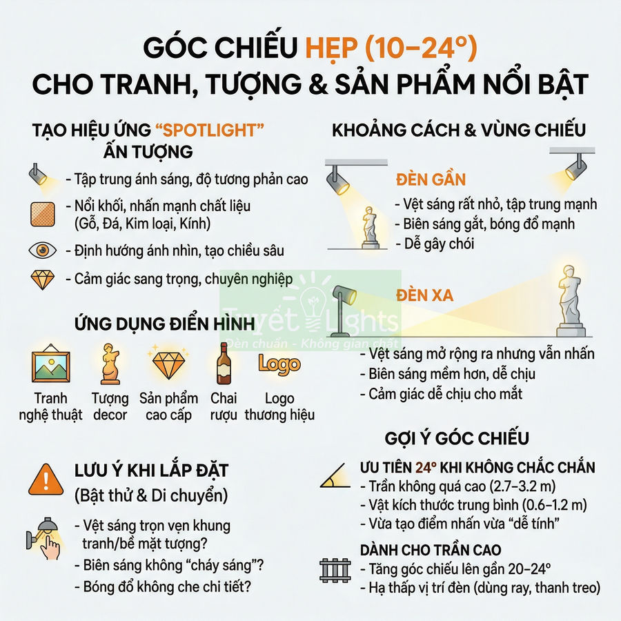 Infographic hướng dẫn chọn góc chiếu hẹp 10–24 độ cho tranh, tượng và sản phẩm trưng bày nổi bật