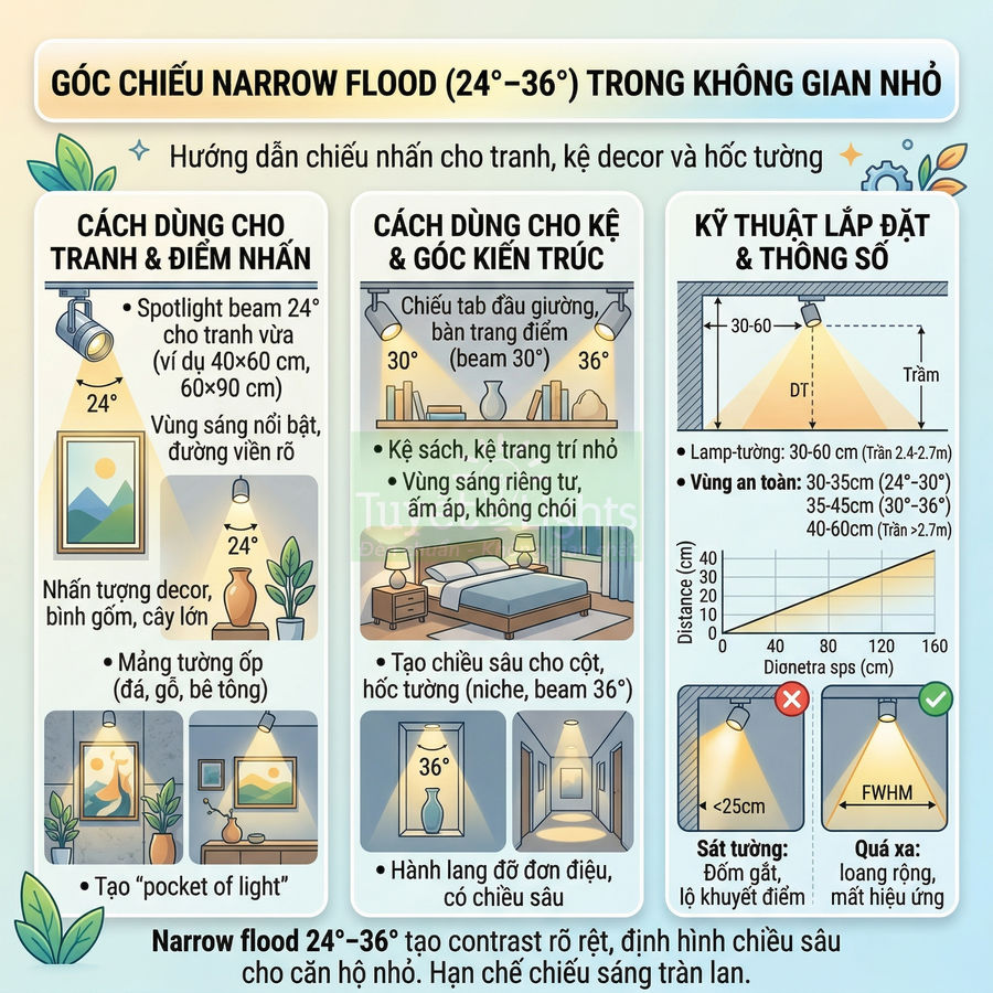 Infographic hướng dẫn dùng đèn spotlight narrow flood 24–36 độ chiếu tranh, kệ decor và hốc tường trong không gian nhỏ
