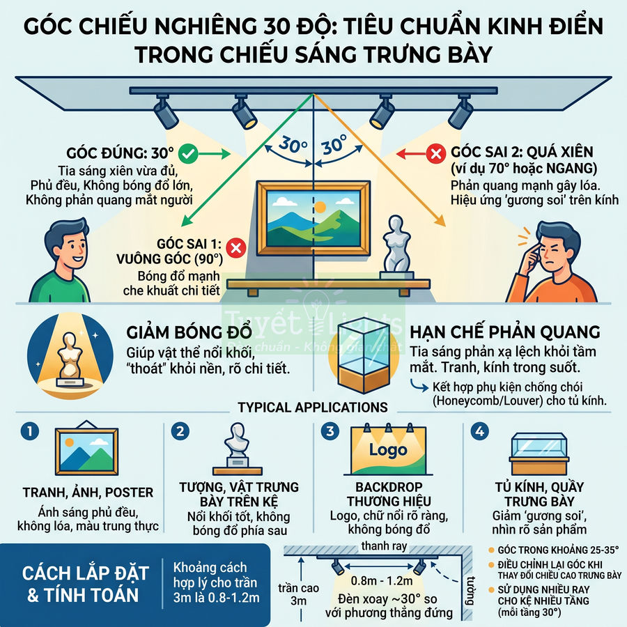 Infographic hướng dẫn chiếu sáng trưng bày với góc nghiêng 30 độ cho tranh ảnh, tượng, logo và tủ kính