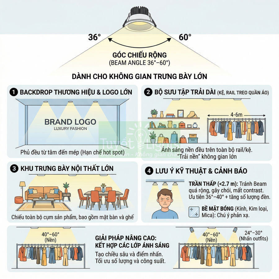 Infographic hướng dẫn chọn góc chiếu đèn LED cho không gian trưng bày lớn và khu vực treo quần áo, nội thất