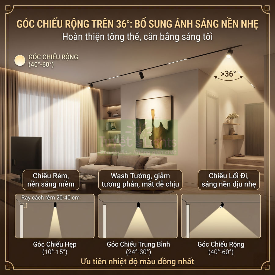 Đèn rọi ray góc chiếu rộng trên 36 độ chiếu sáng nền nhẹ cho phòng khách hiện đại