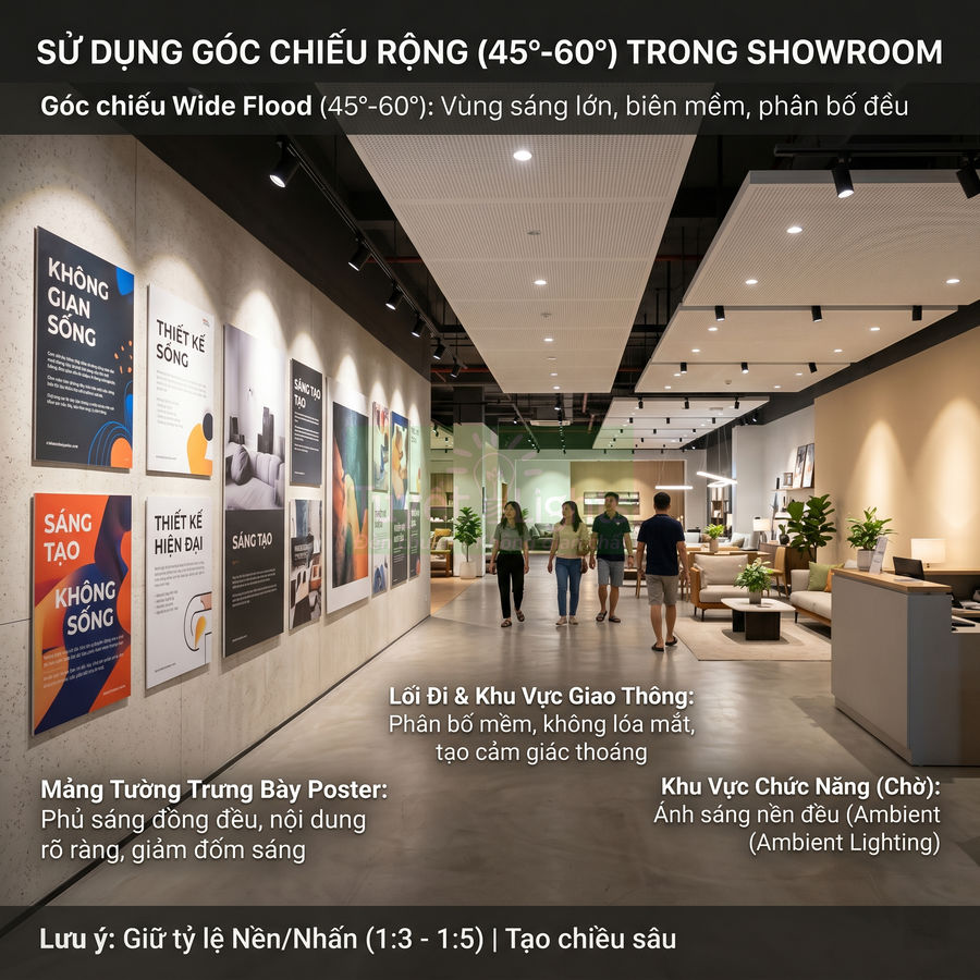 Showroom nội thất sử dụng đèn rọi trần góc chiếu rộng chiếu sáng đều khu trưng bày poster và khu vực chờ