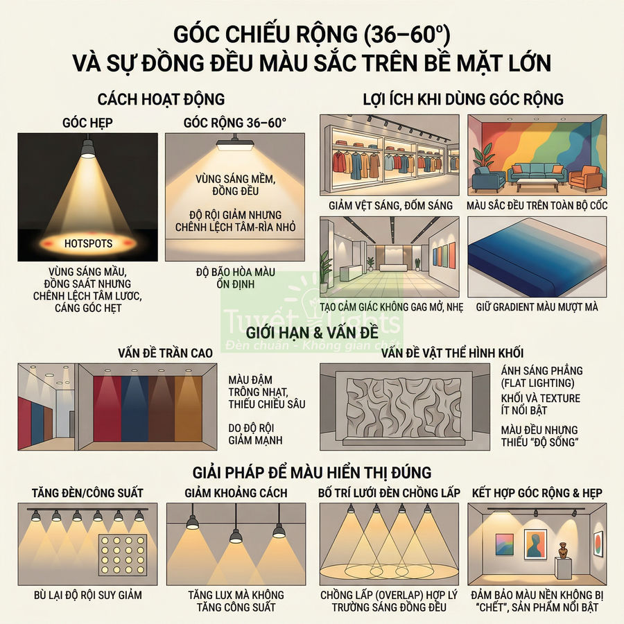 Minh họa so sánh góc chiếu đèn LED hẹp và rộng 36 60 độ và giải pháp chiếu sáng đều màu cho không gian nội thất