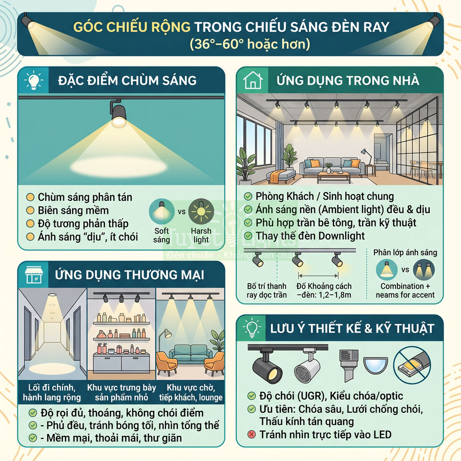 Đèn ray chiếu sáng góc chiếu rộng cho phòng khách và không gian thương mại, ánh sáng dịu chống chói
