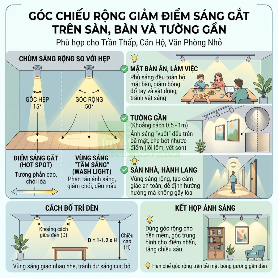 Minh họa cách bố trí đèn trần góc chiếu rộng để giảm điểm sáng gắt trên sàn, bàn ăn và tường gần