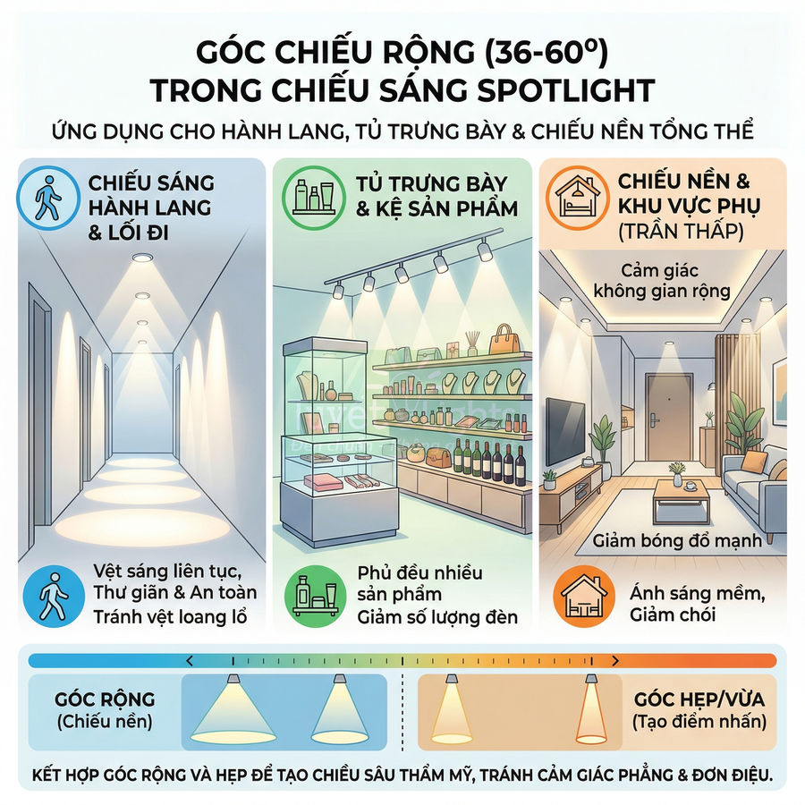 Minh họa ứng dụng đèn spotlight góc chiếu rộng cho hành lang, tủ trưng bày sản phẩm và chiếu nền phòng khách