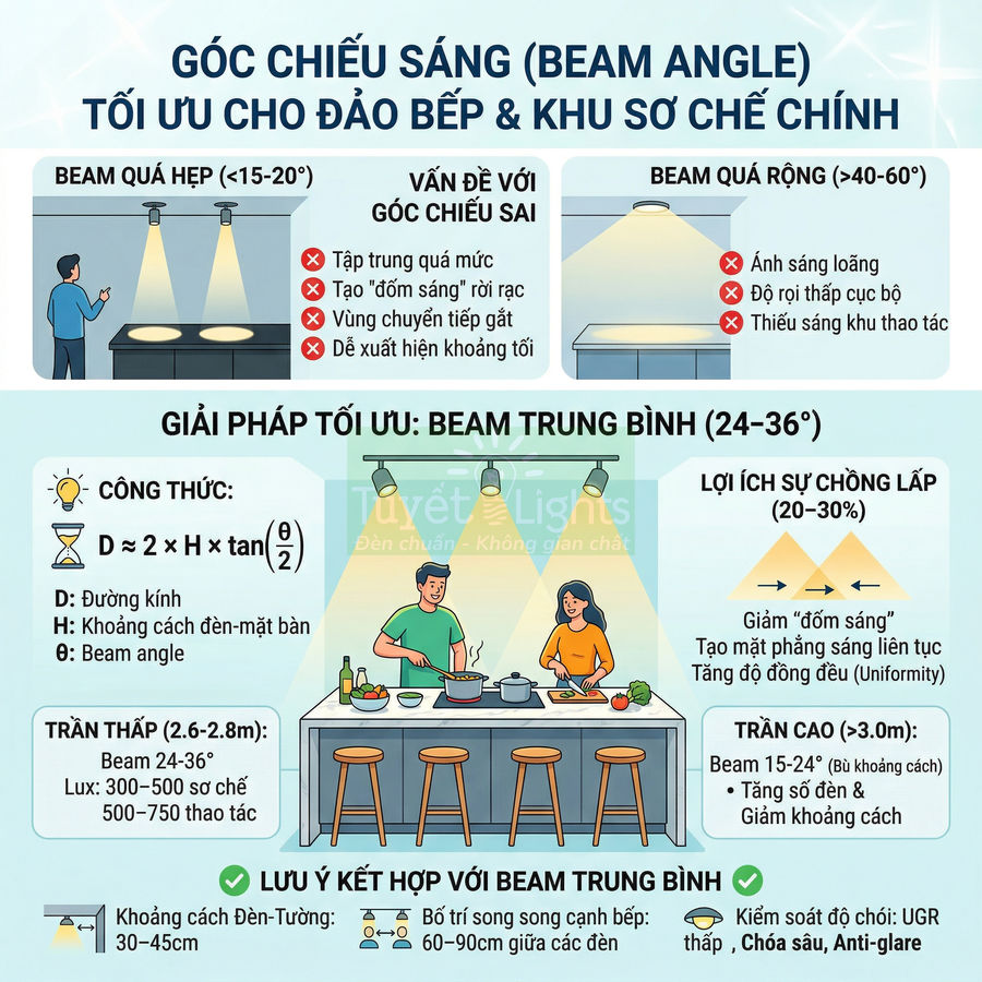 Infographic hướng dẫn chọn góc chiếu sáng đèn downlight cho đảo bếp và khu sơ chế trong nhà bếp