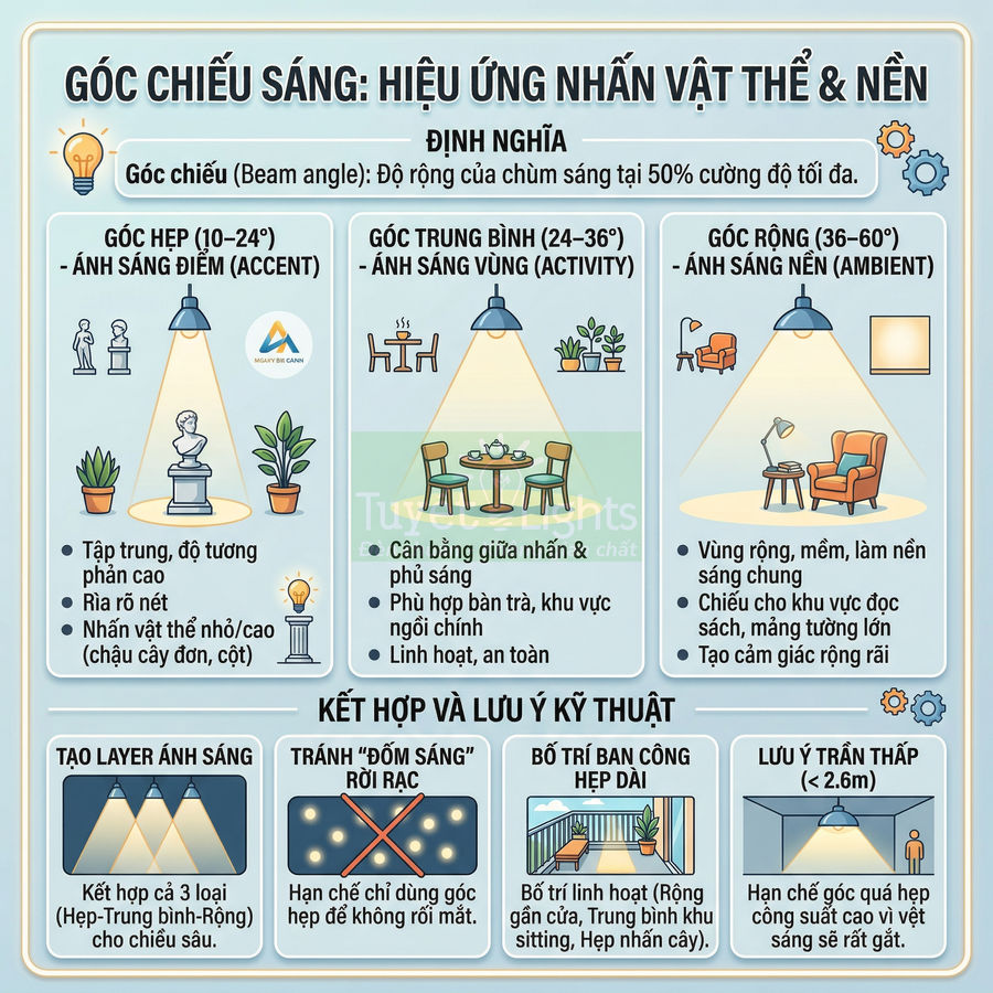 Infographic hướng dẫn chọn góc chiếu sáng hẹp trung bình rộng và cách bố trí đèn cho từng khu vực trong nhà