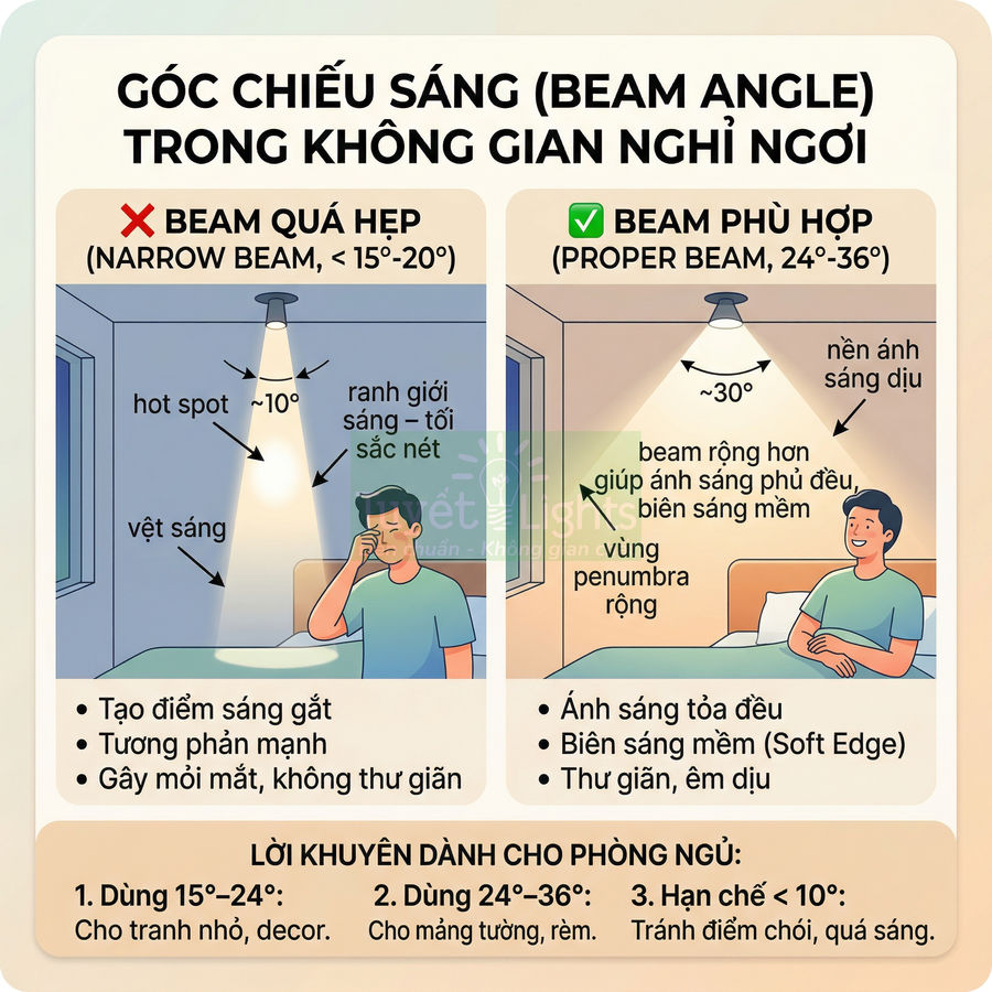 Minh họa so sánh góc chiếu sáng đèn trần hẹp và rộng trong phòng ngủ, gợi ý chọn beam phù hợp để ánh sáng dịu hơn