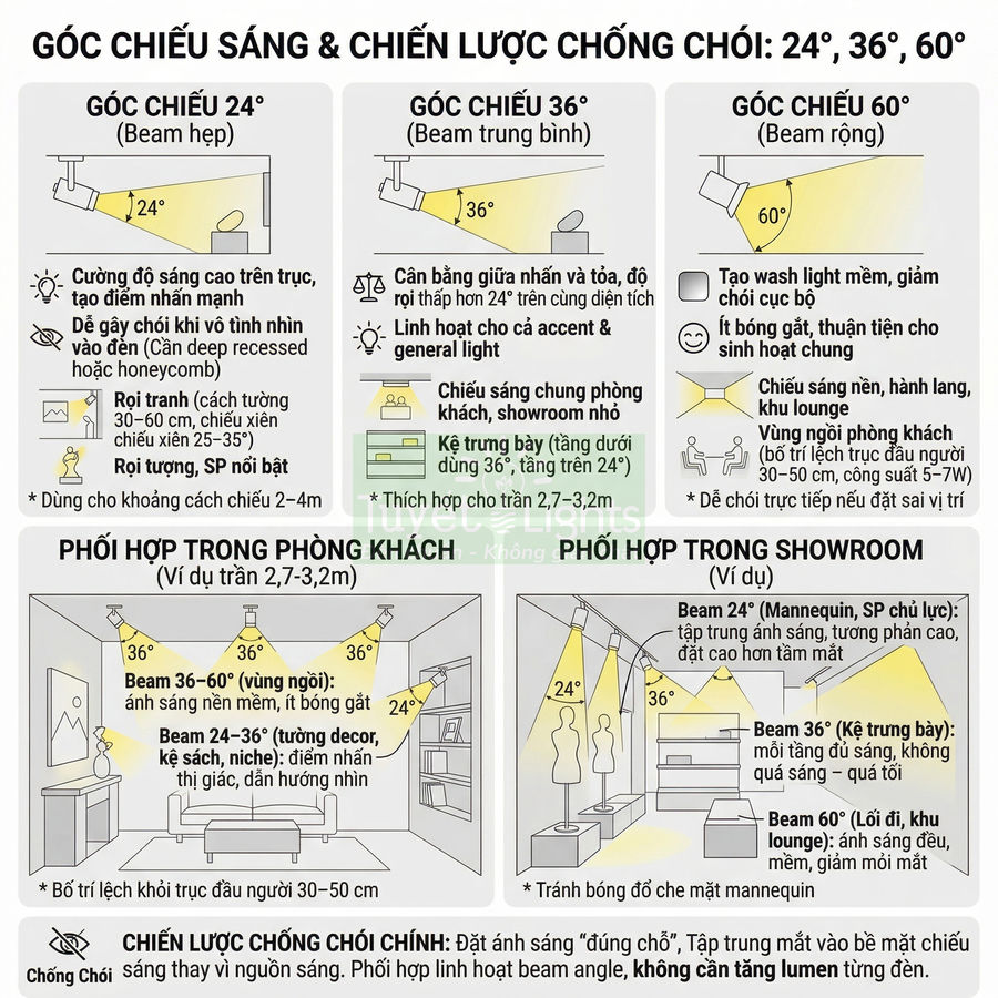 Hướng dẫn chọn góc chiếu đèn LED 24 36 60 độ và bố trí ánh sáng chống chói cho phòng khách showroom