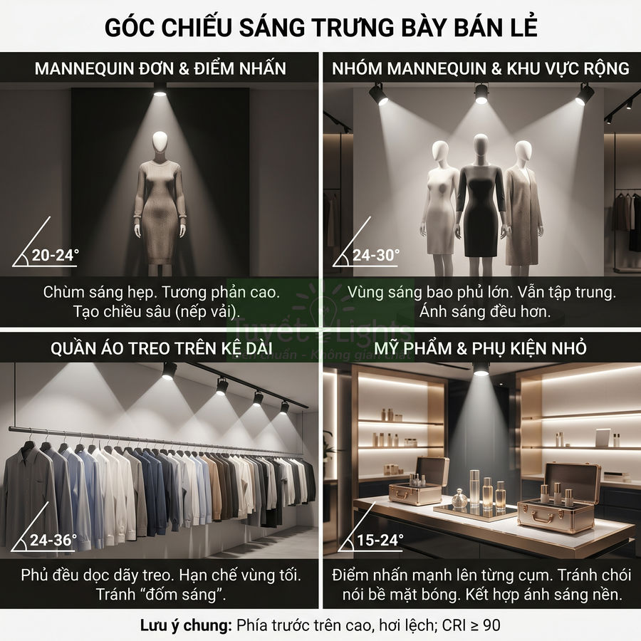 Minh họa góc chiếu đèn rọi cho mannequin, quần áo treo kệ dài và quầy trưng bày mỹ phẩm trong cửa hàng bán lẻ