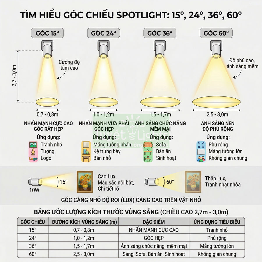 So sánh các góc chiếu đèn spotlight 15 24 36 60 độ và ứng dụng chiếu sáng nội thất