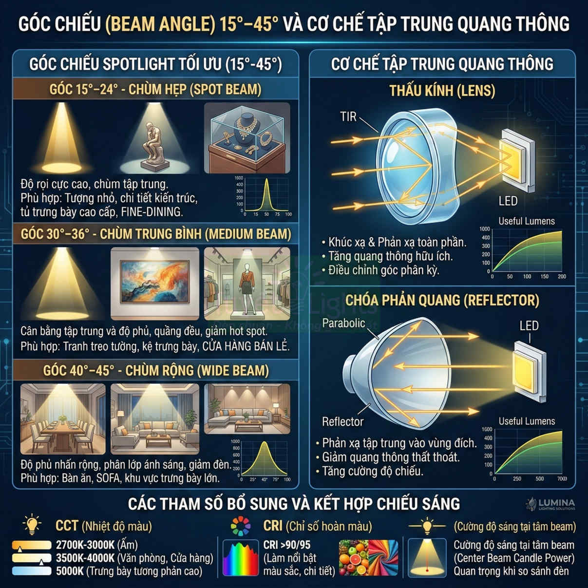 Infographic góc chiếu đèn LED 15–45 độ, cơ chế thấu kính và chóa phản quang, ứng dụng chiếu sáng nội thất