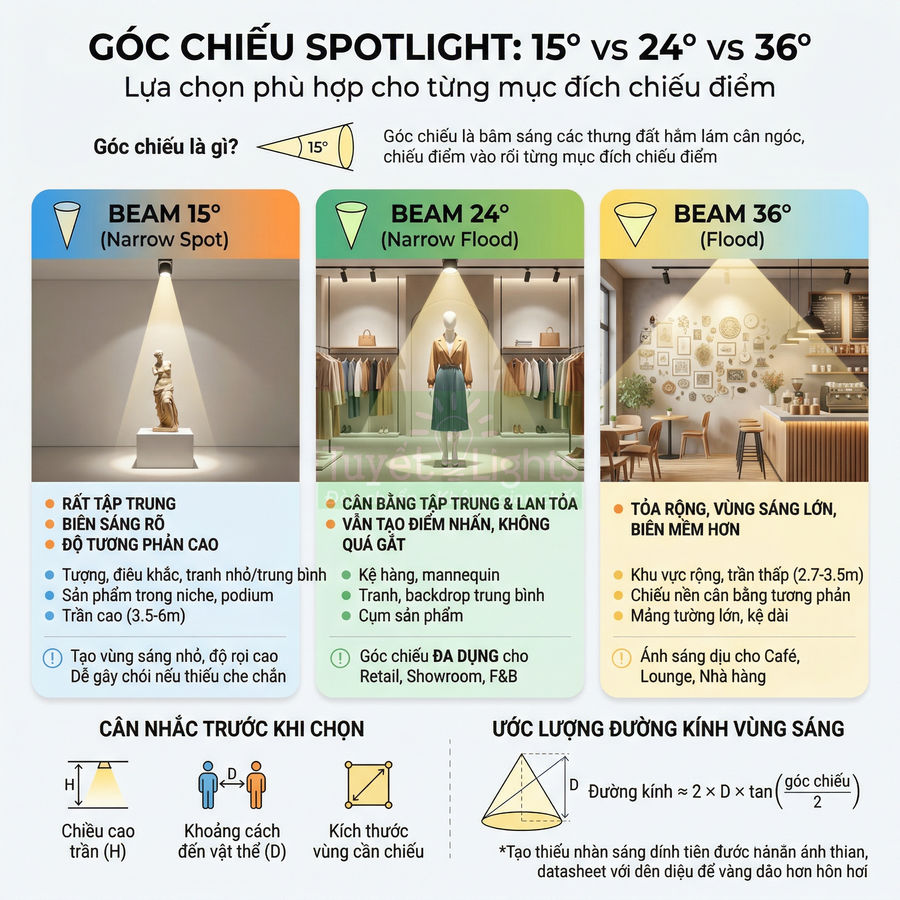 Infographic so sánh góc chiếu đèn spotlight 15 24 36 độ cho trưng bày tượng, mannequin và không gian quán cà phê