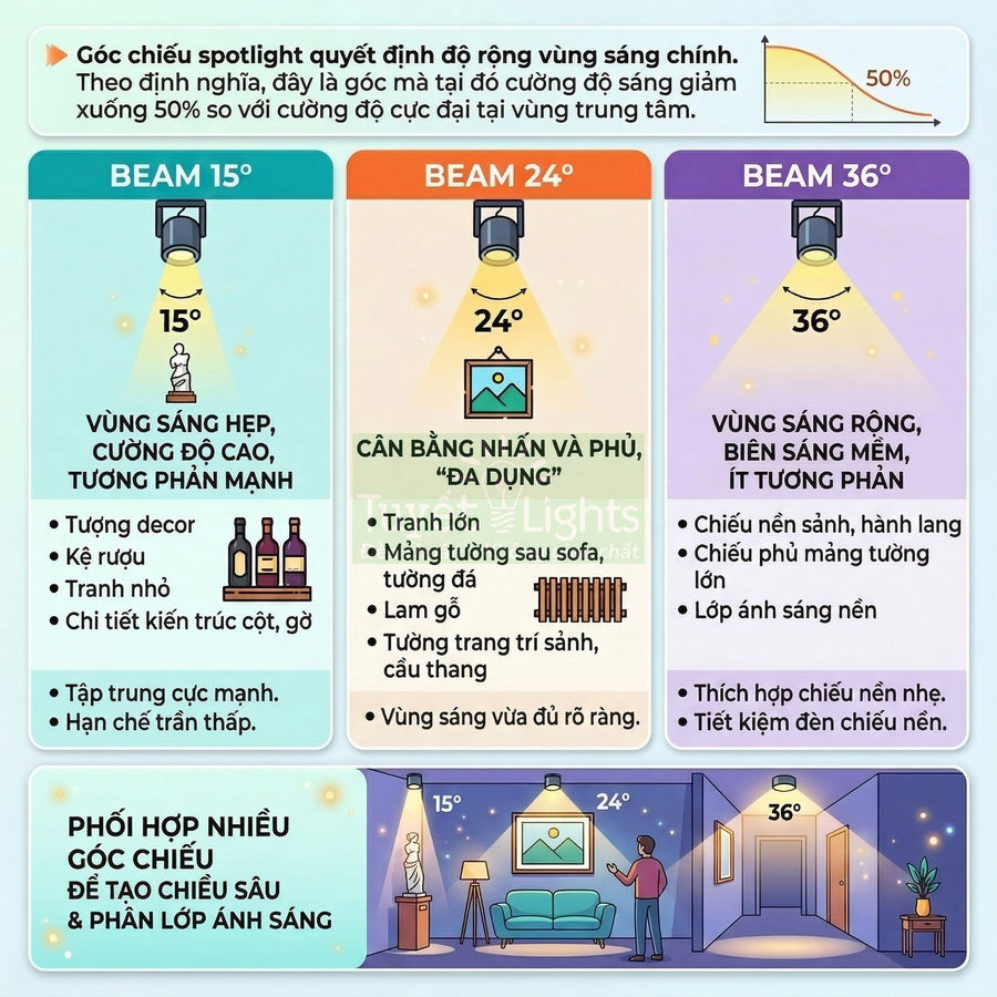 Infographic so sánh góc chiếu spotlight 15 24 36 độ và gợi ý ứng dụng chiếu sáng nội thất