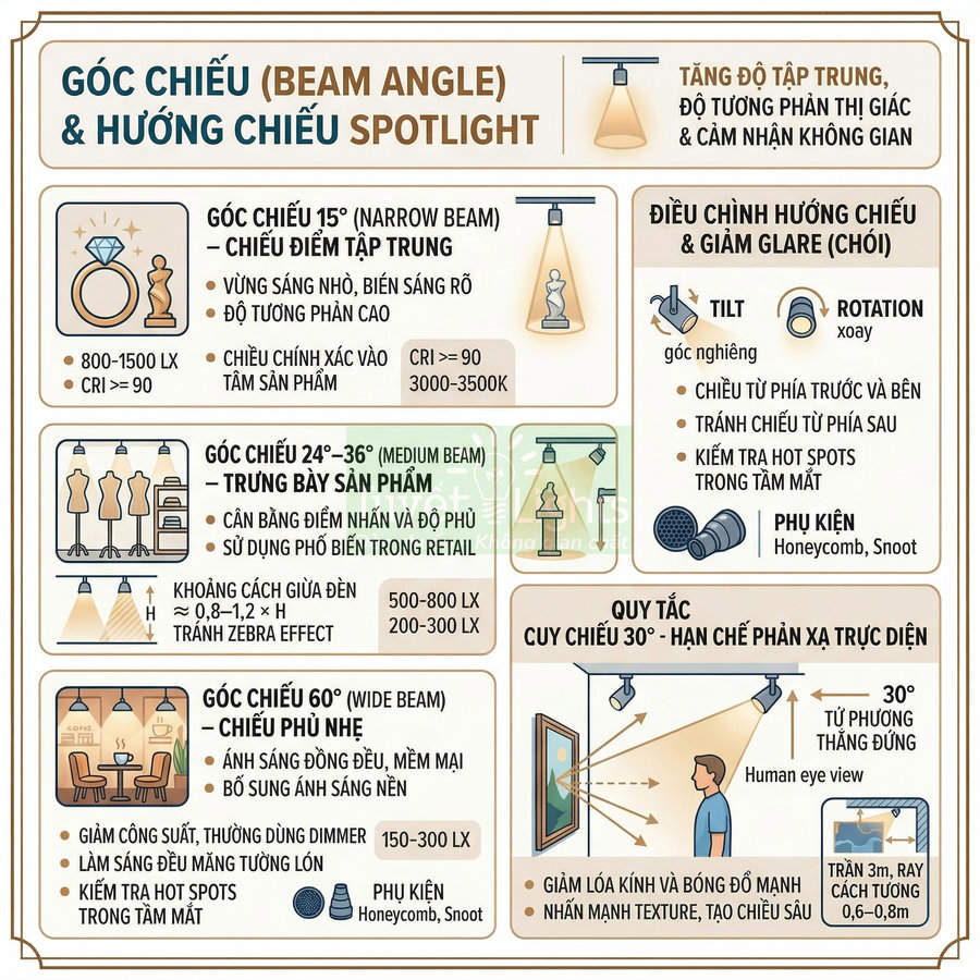Infographic hướng dẫn chọn góc chiếu và hướng chiếu đèn spotlight cho trưng bày sản phẩm trong không gian nội thất