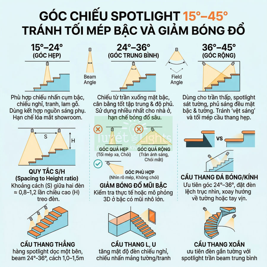 Hướng dẫn chọn góc chiếu đèn spotlight 15–45 độ để tránh tối mép bậc cầu thang và giảm bóng đổ