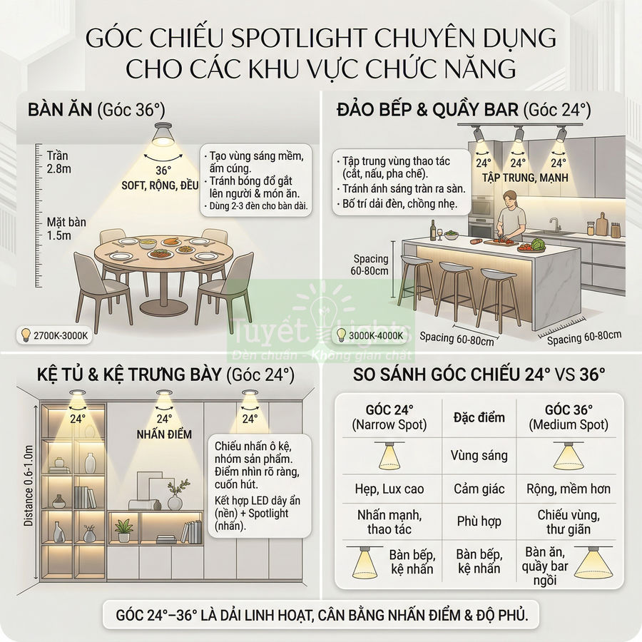 Infographic hướng dẫn chọn góc chiếu đèn spotlight 24 và 36 độ cho bàn ăn, đảo bếp, quầy bar và kệ trưng bày
