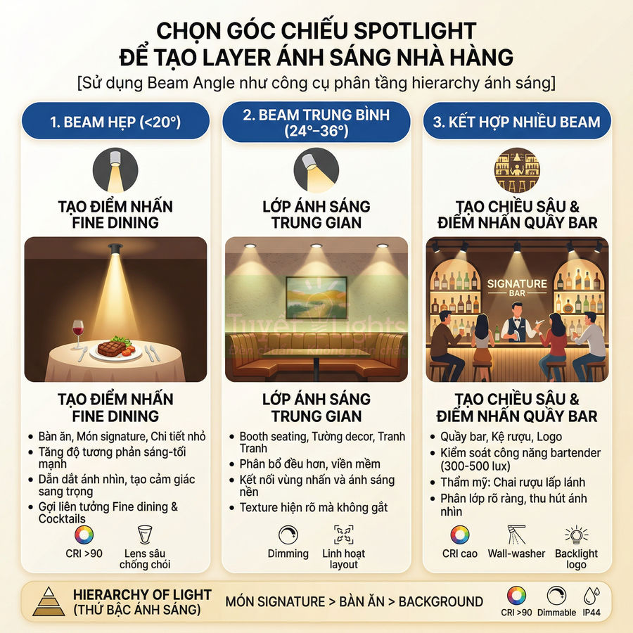 Hướng dẫn chọn góc chiếu đèn spotlight tạo layer ánh sáng cho nhà hàng, nhấn mạnh bàn ăn và quầy bar